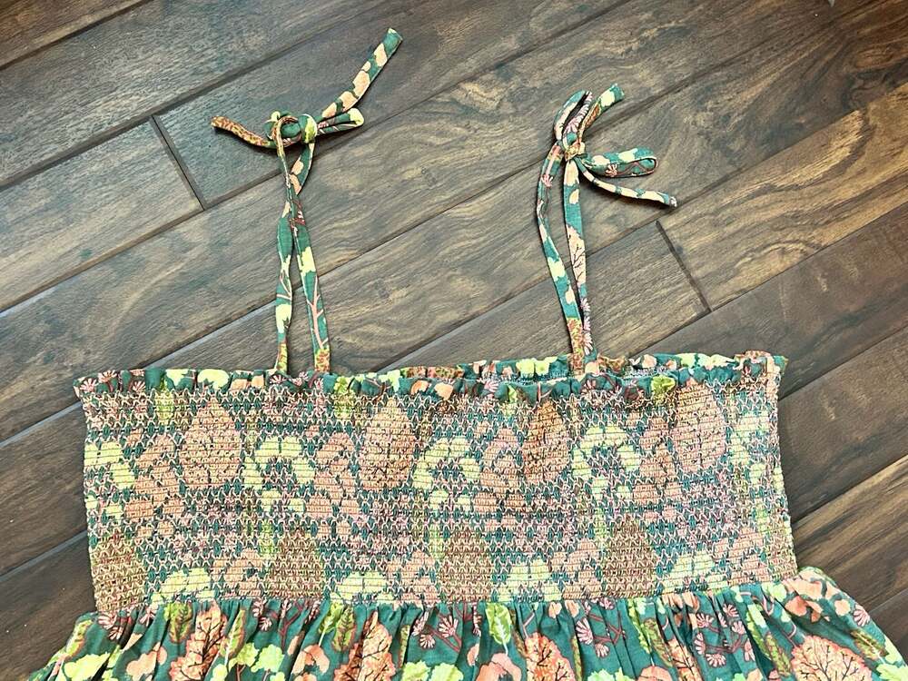Kate Quinn Women's Smocked Tie Strap Tiered Prairie Midi Dress Boho Fairy Nature - Picture 4 of 11